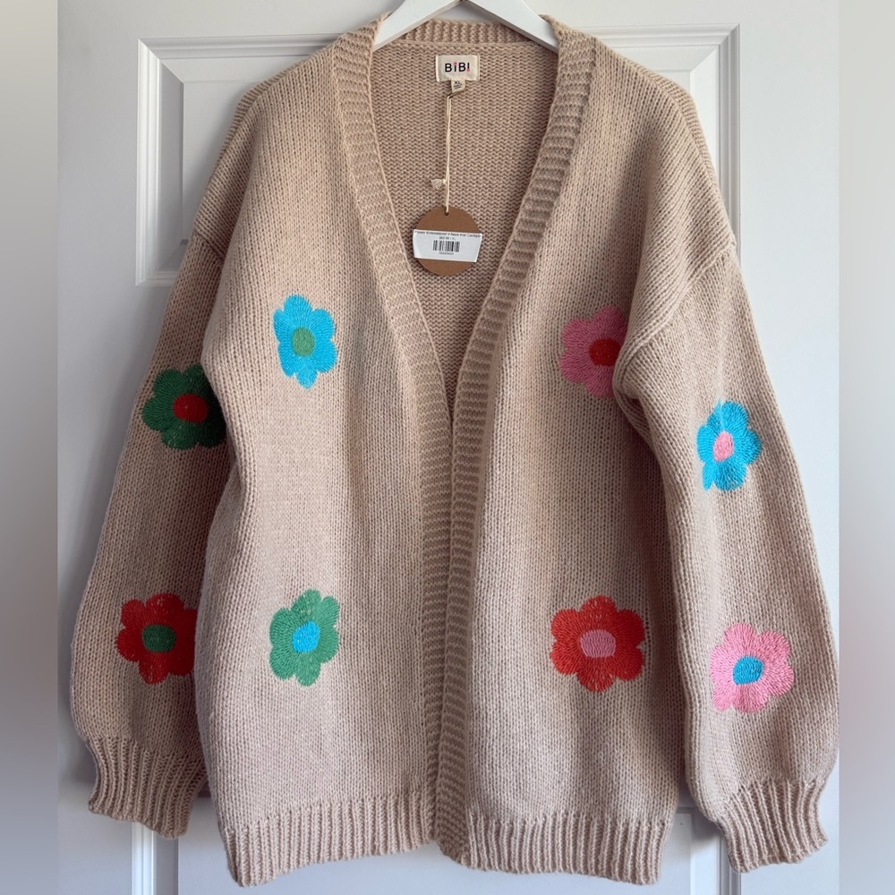 BiBi Groovy Flower Power Chunky Sweater Beige Kidcore Cardigan Hippie Boho